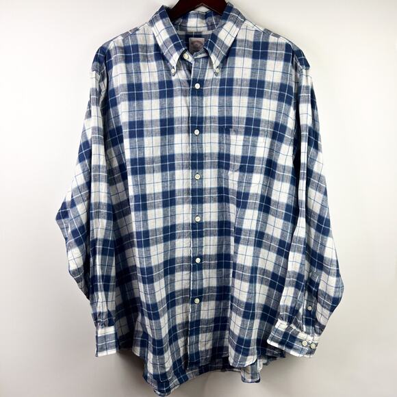 Brooks Brothers Baird McNutt Blue White Plaid Linen Button Down Shirt Size XL - Picture 1 of 7